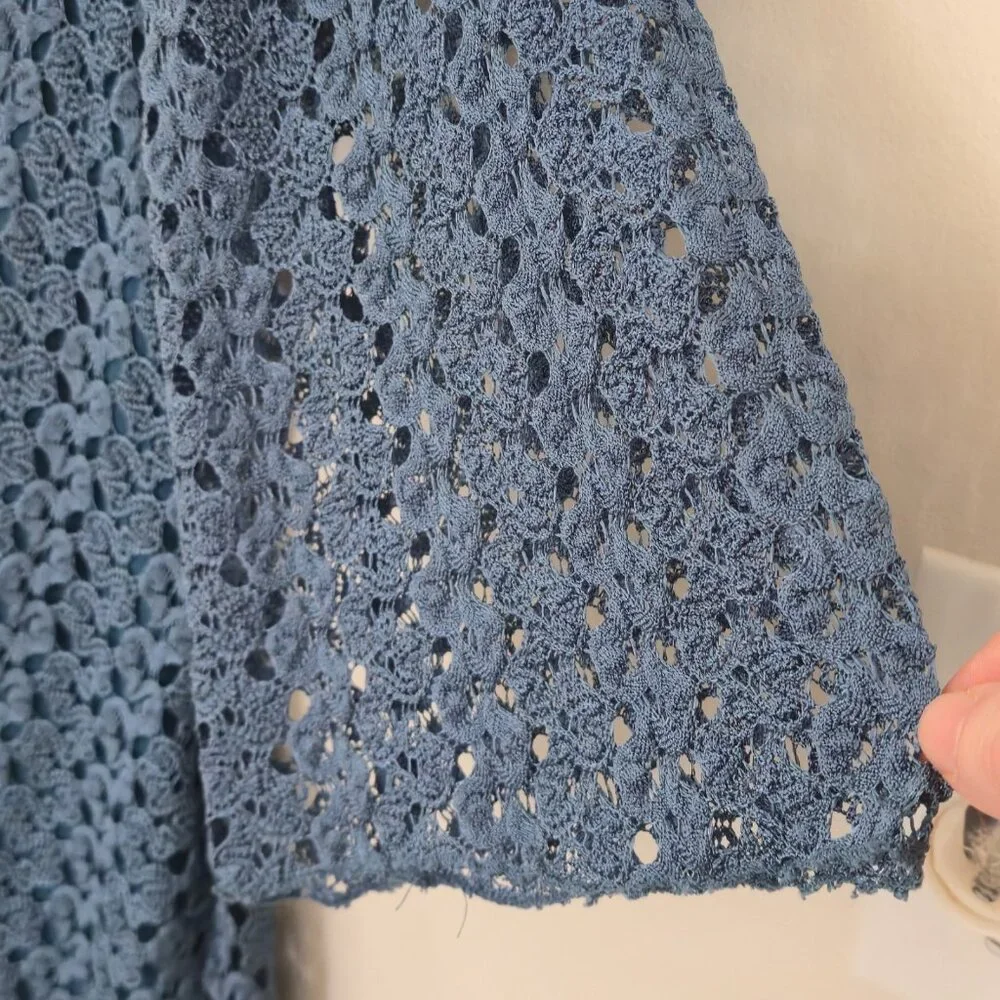 Initiatives Lined Teal Blue Lace Tunic Sharkbite Hem Crochet Lagenlook Blouse XL - Picture 5 of 10